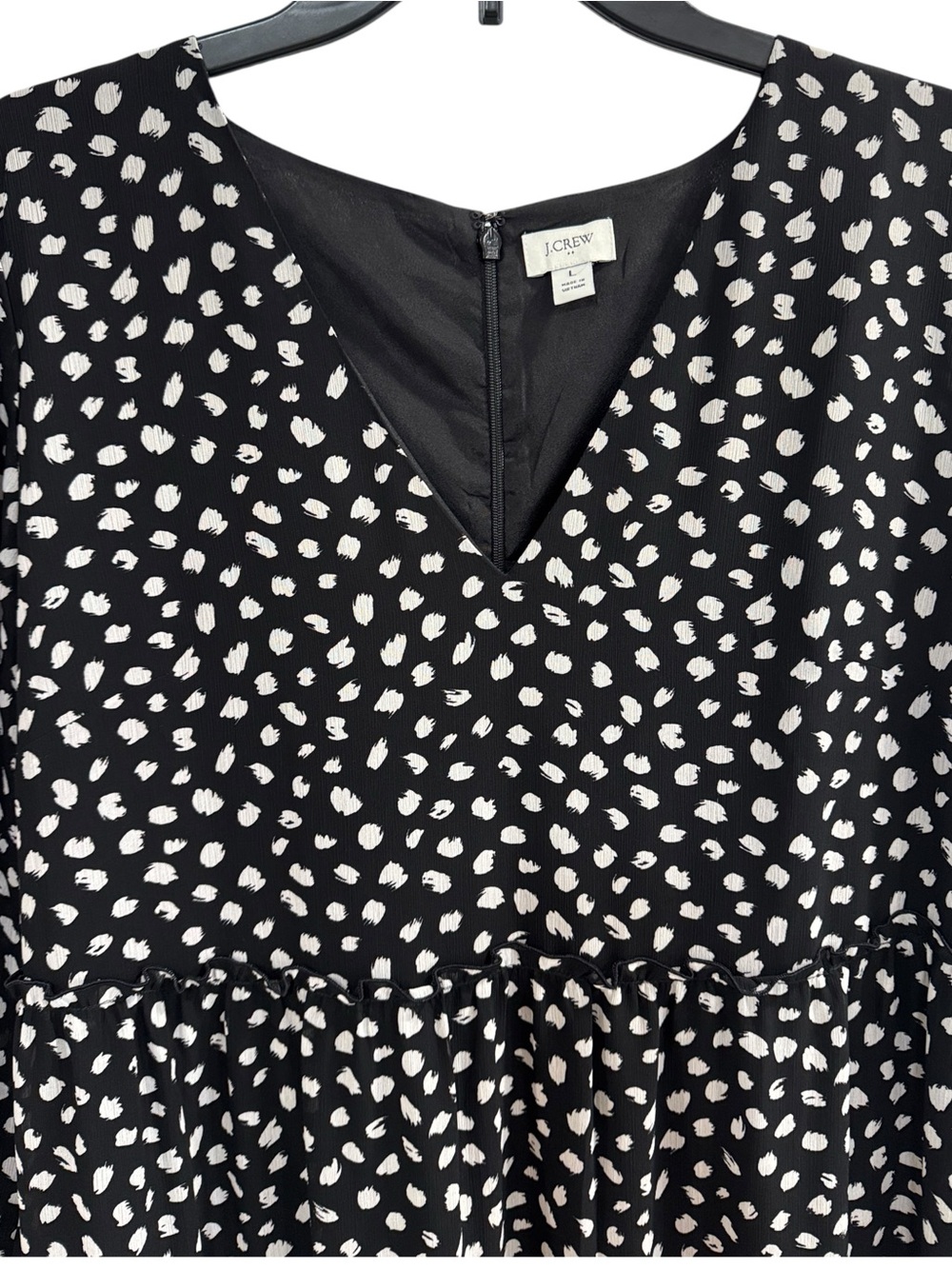 Crew Black & White Polka Dot Chiffon Midi Long Sleeve Tiered Ruffle Dress L - Picture 8 of 15